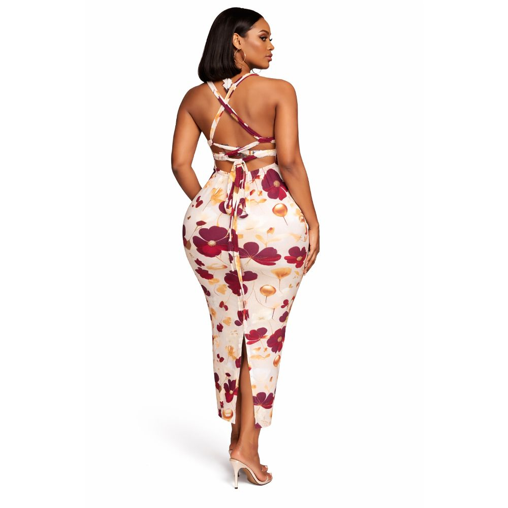 Womens Floral Print Backless Criss Cross Maxi Dress with Rear Slit